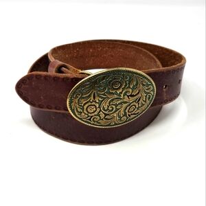 AMANDA SMITH BROWN DISTRESSED LEATHER BELT ANTIQUE GOLD & GREEN BUCKLE WOMEN L
